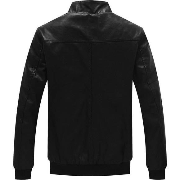 Men's Black Leather Stand Collar Fleece Lined Bomber Faux Jacket - Picture 2 of 8